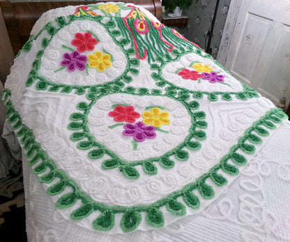 Peacock Vintage Chenille Bedspread, Full Sz Pink & Green Lovebirds, Rainbow Hearts