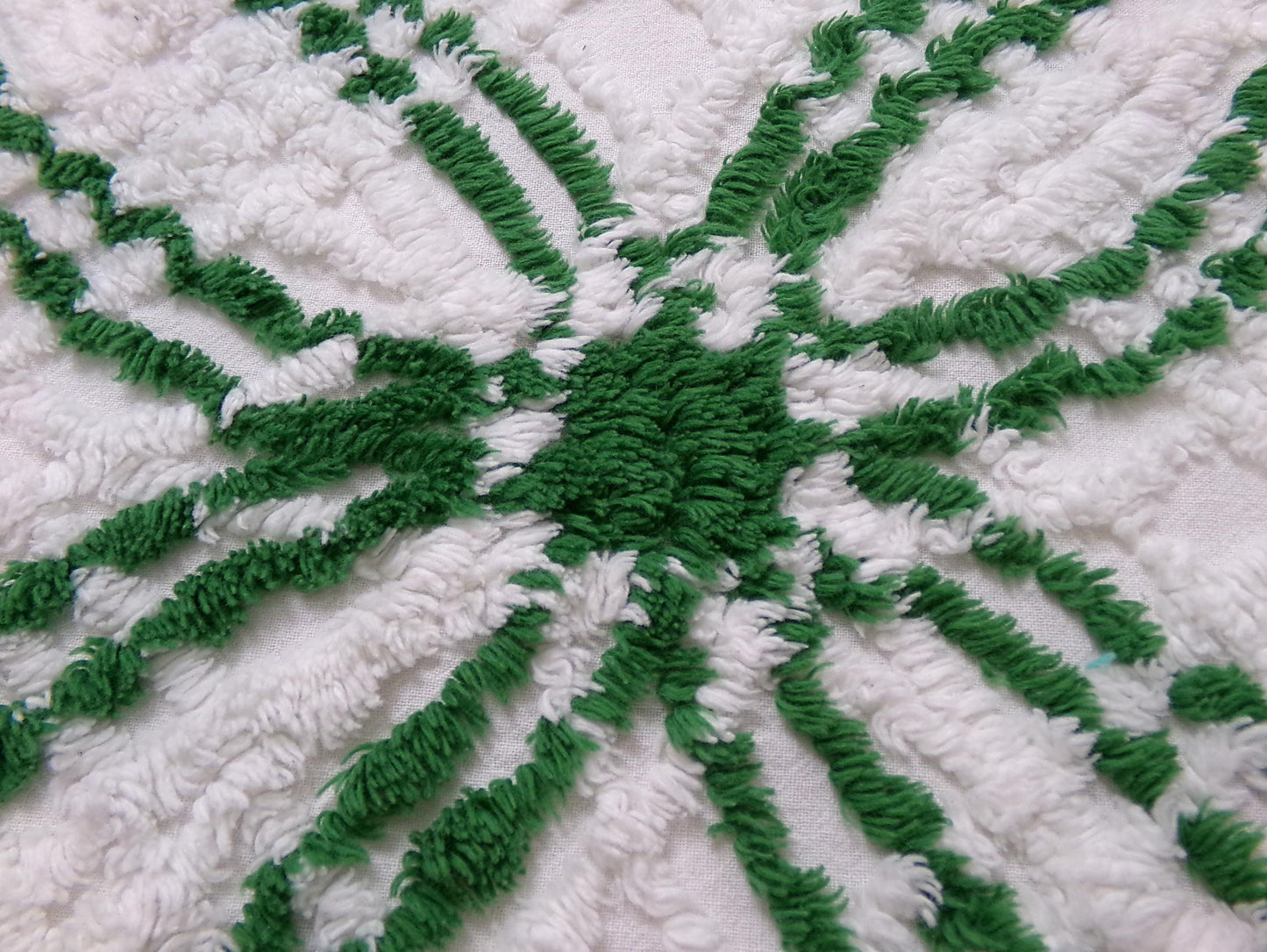 Vintage Green White Chenille Fabric Piece, Interlocking Geometric 18x24" Quilt Material