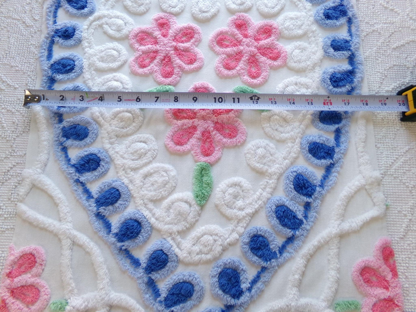 shabby heart vintage chenille fabric, pink roses w/ blue curlicue swirls, 18" x 22" piece of sewing material great for pillow