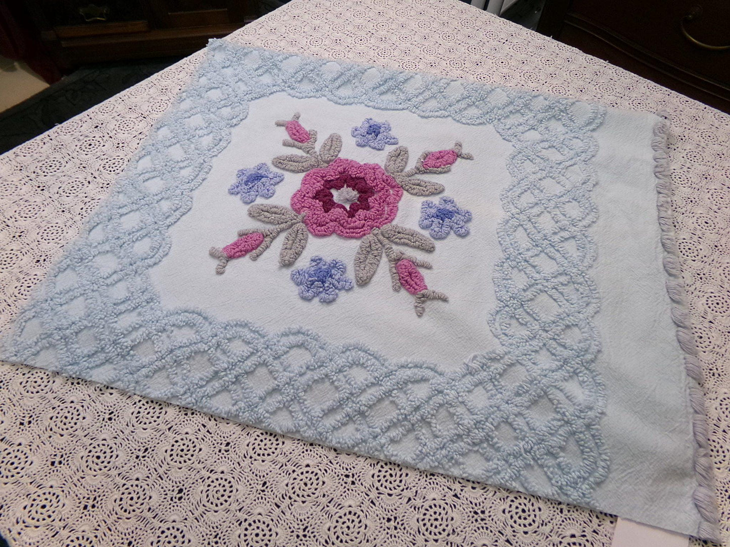 Ice Blue Vintage Chenille Fabric Double Tufted Rose Medallion Floral Lattice 23x36"