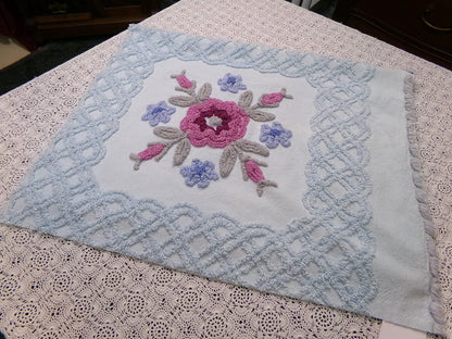 Ice Blue Vintage Chenille Fabric Double Tufted Rose Medallion Floral Lattice 23x36"