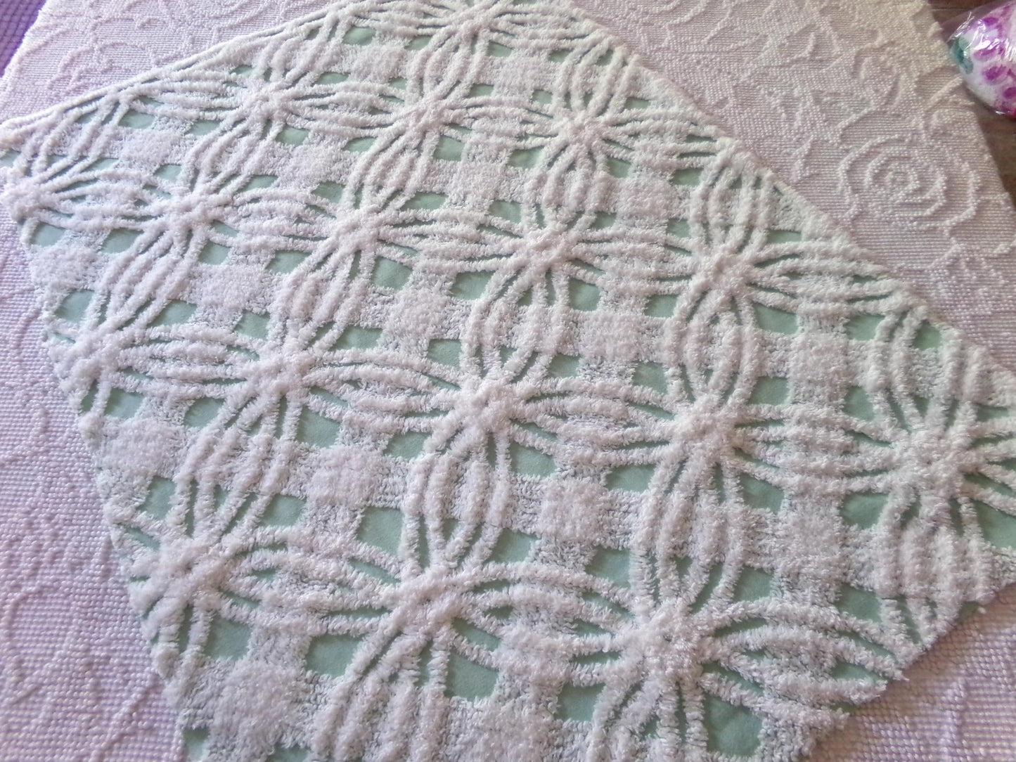 mint green vintage chenille fabric, plush white spider tufting, 19" x 26" piece of quilt material for arts & crafts