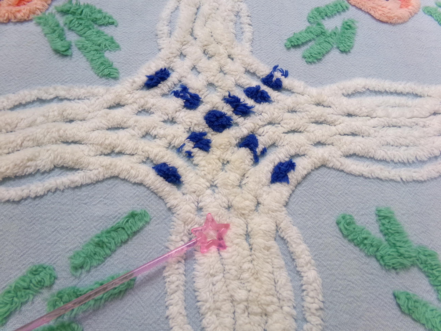 Vintage Blue Floral Chenille Bedspread Fabric, coastal chic sewing material, 21" x 25"