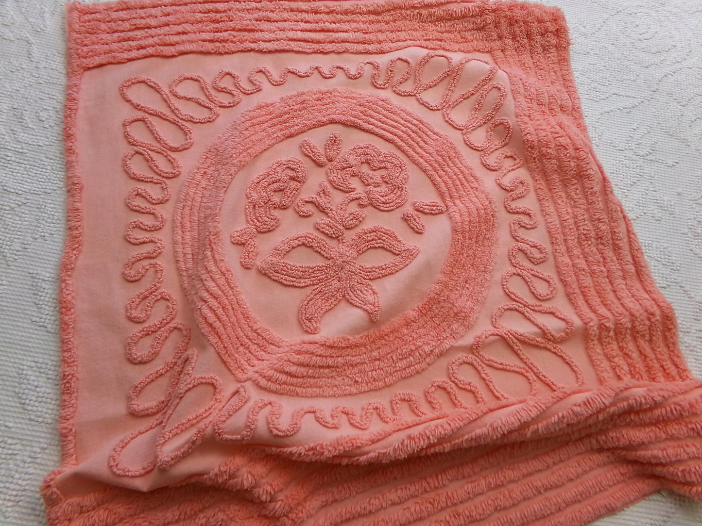 rose cameo vintage chenille fabric, peach needletuft floral bouquet & bow, 20" x 24" inch piece for quilting, sewing