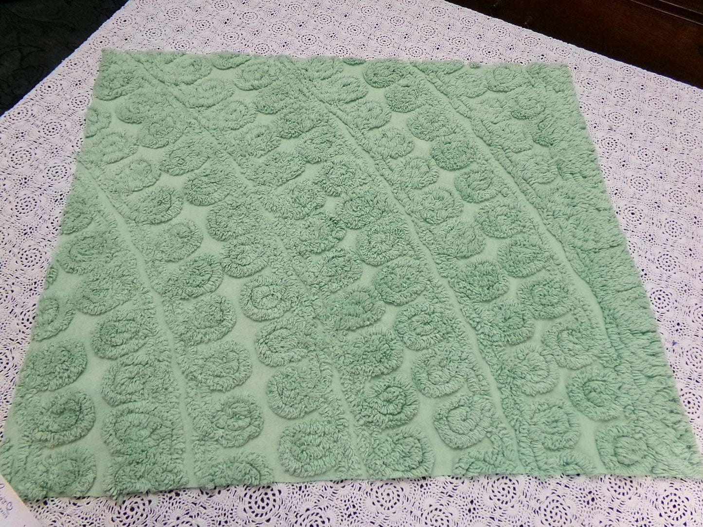 Mint Green Ice Cream Vintage Chenille Fabric Plush 21" x 24" inch piece in curlicue swirl pattern