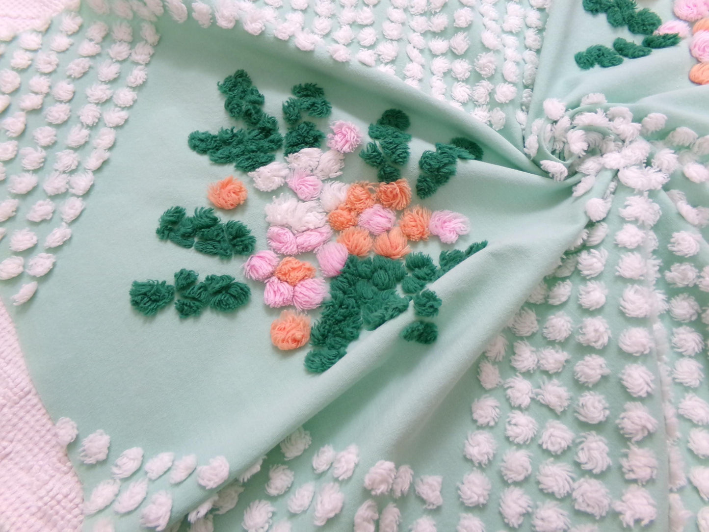 jade green floral vintage chenille fabric: handmade antique cotton sewing material for quilting, crafts, 31" x 24" piece