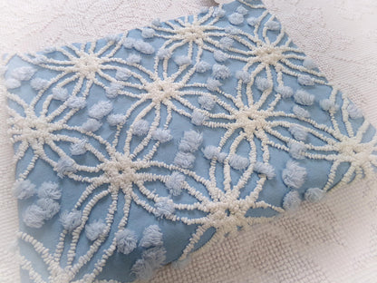 mystic coast blue vintage chenille fabric, 20" x 25" piece quilt & sewing material, white wedding rings with overtufted pops