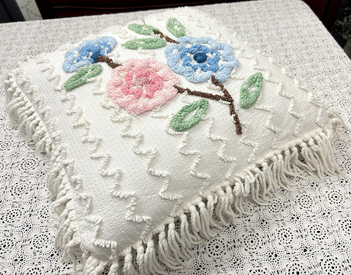 Vintage Floral Chenille Pillow Cover, Shabby Chic Reversible 16" Square Design