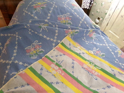 shabby cottage style vintage woven bedspread, fieldcrest blue floral twin coverlet