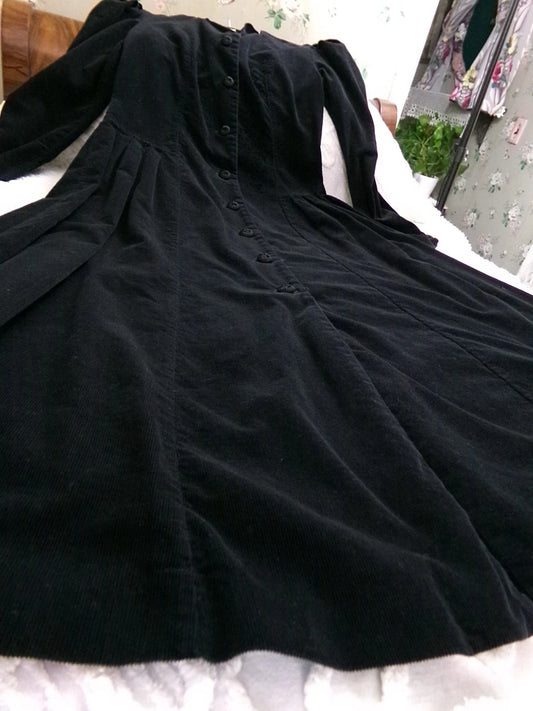 Vintage Laura Ashley Corduroy Dress Black Steampunk Victorian England Gothic Style 8