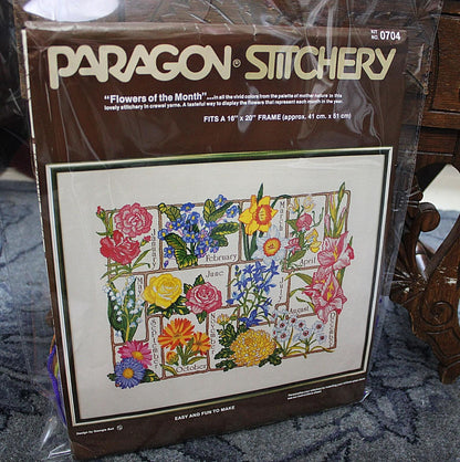 FLOWERS of the MONTH Vintage Crewel Embroidery Kit Floral Paragon Stitchery 0704