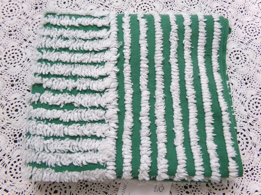 Evergreen & Snow White Vintage Chenille Bedspread Fabric, Geometric Stripes 15" x 27" piece