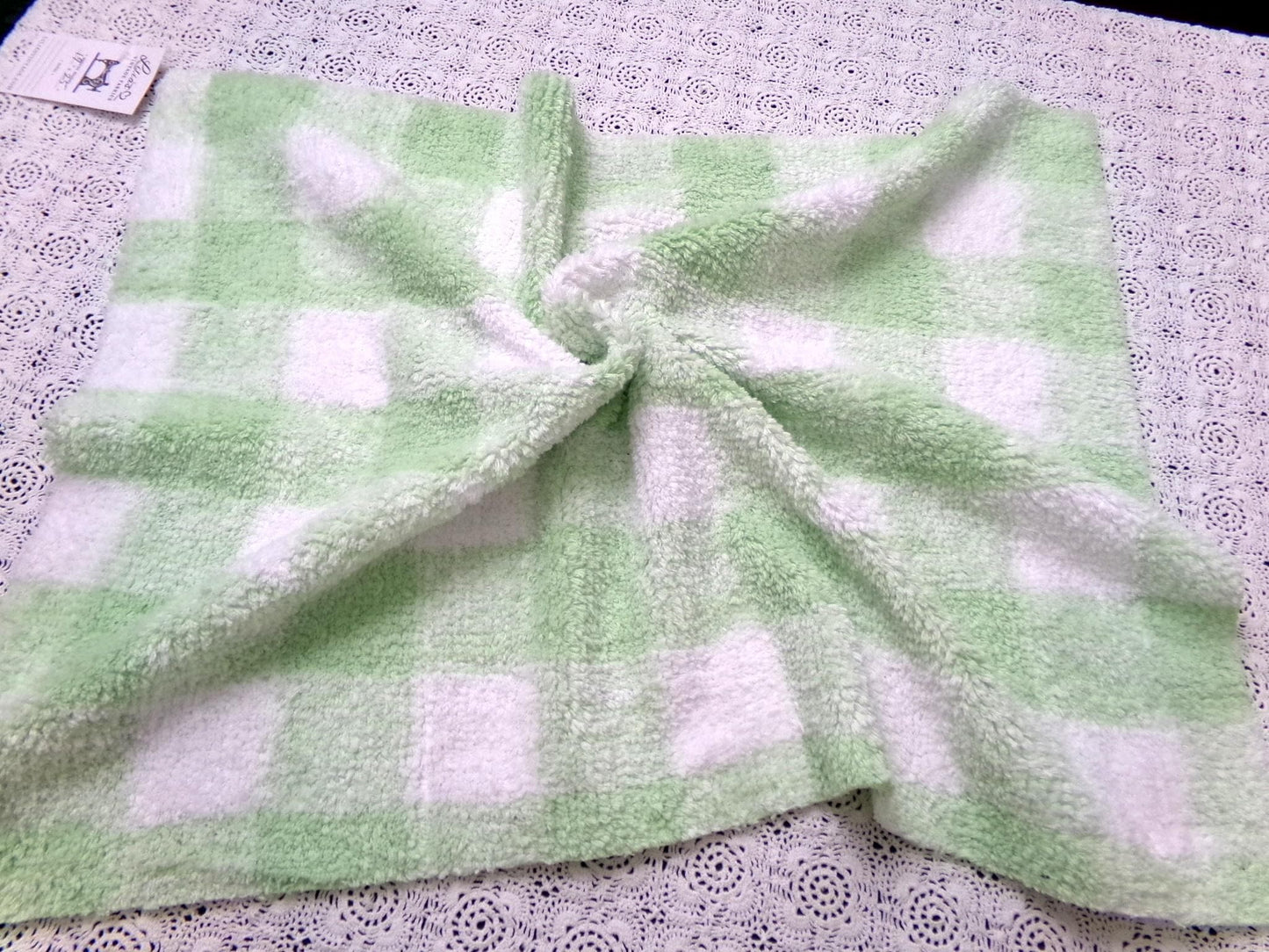 cuddly green gingham vintage terry chenille fabric soft cotton blend 19x25"