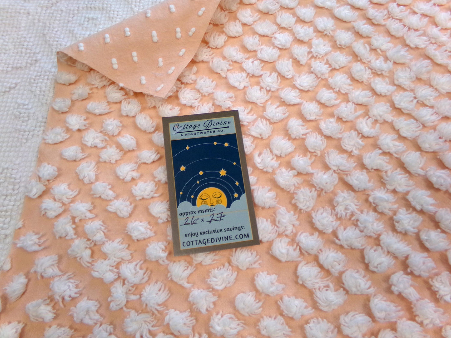 Vintage Peach Chenille Fabric Floral White Puff Tufts, Quilting Crafts Cottage Chic Bedspread Material Upcycle Sewing Supply, 26" x 27"