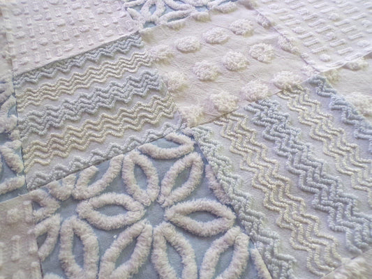 Cool Blue & White Quilt Squares Set, Rotary Cut from Vintage Chenille Bedspread Fabric, 16 Blocks, 6" x 6" inch