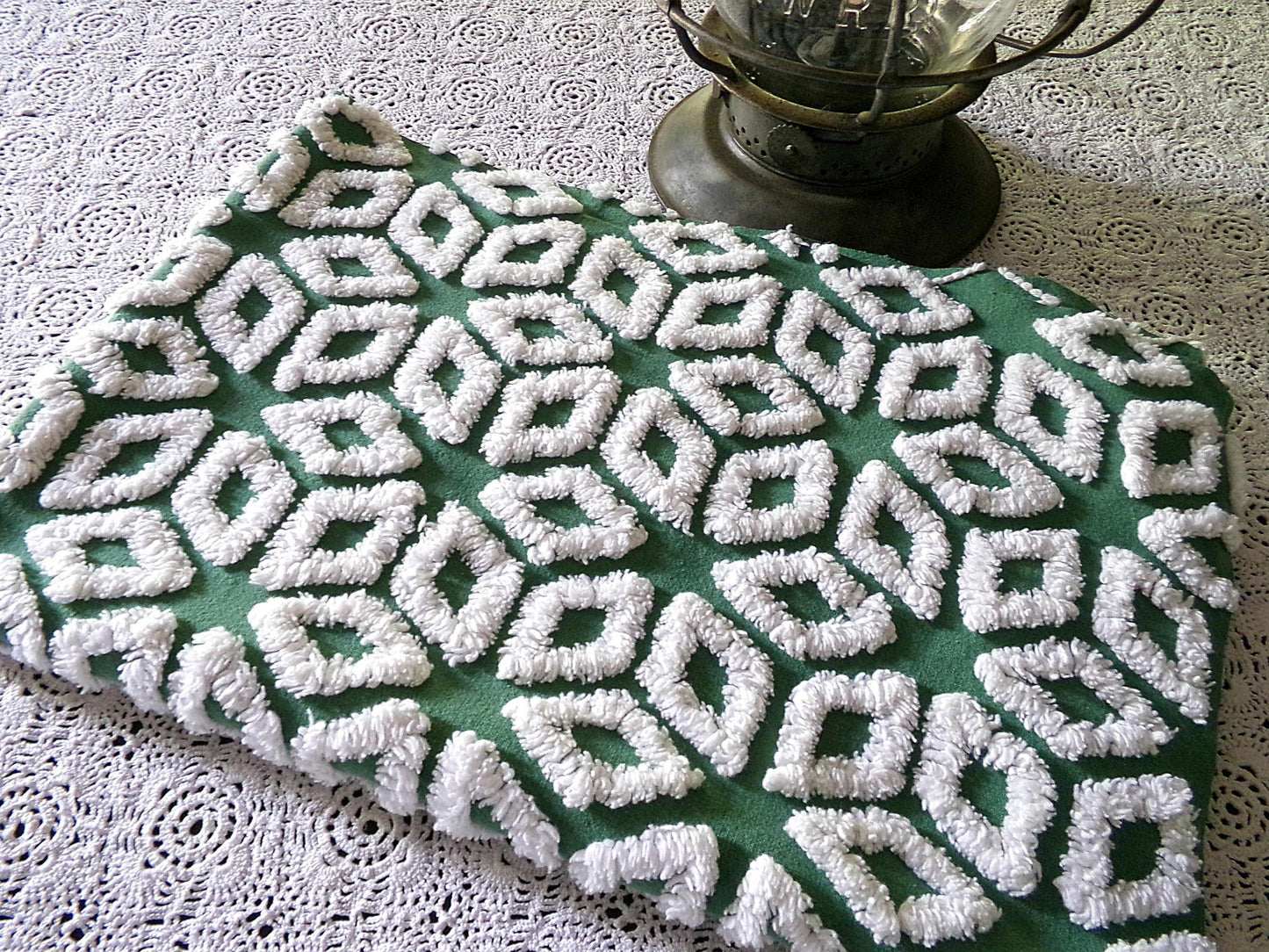 white snowflakes on rich green vintage chenille fabric, 18" x 25" inch piece of cotton sewing material for quilting & crafts