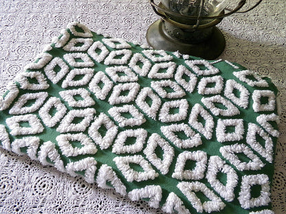 white snowflakes on rich green vintage chenille fabric, 18" x 25" inch piece of cotton sewing material for quilting & crafts