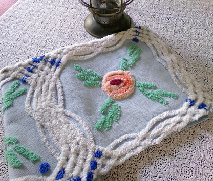 Coastal Cottage Vintage Chenille Fabric, Blue Rose Floral Sewing & Quilt Material 21" x 23"