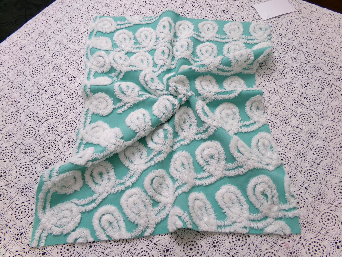 Soothing White Curly Loops Jade Vintage Chenille Bedspread Fabric 15" x 19" Piece