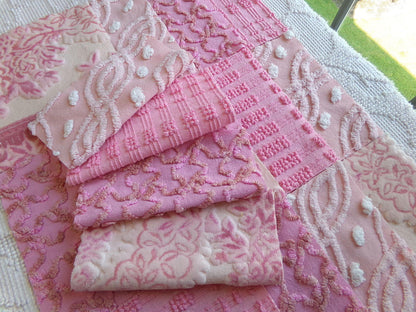 pixie princess velvet & chenille fabric squares, set of 16 pink vintage 6" quilt blocks for crafting, quilt inlays, pillows, fiber arts