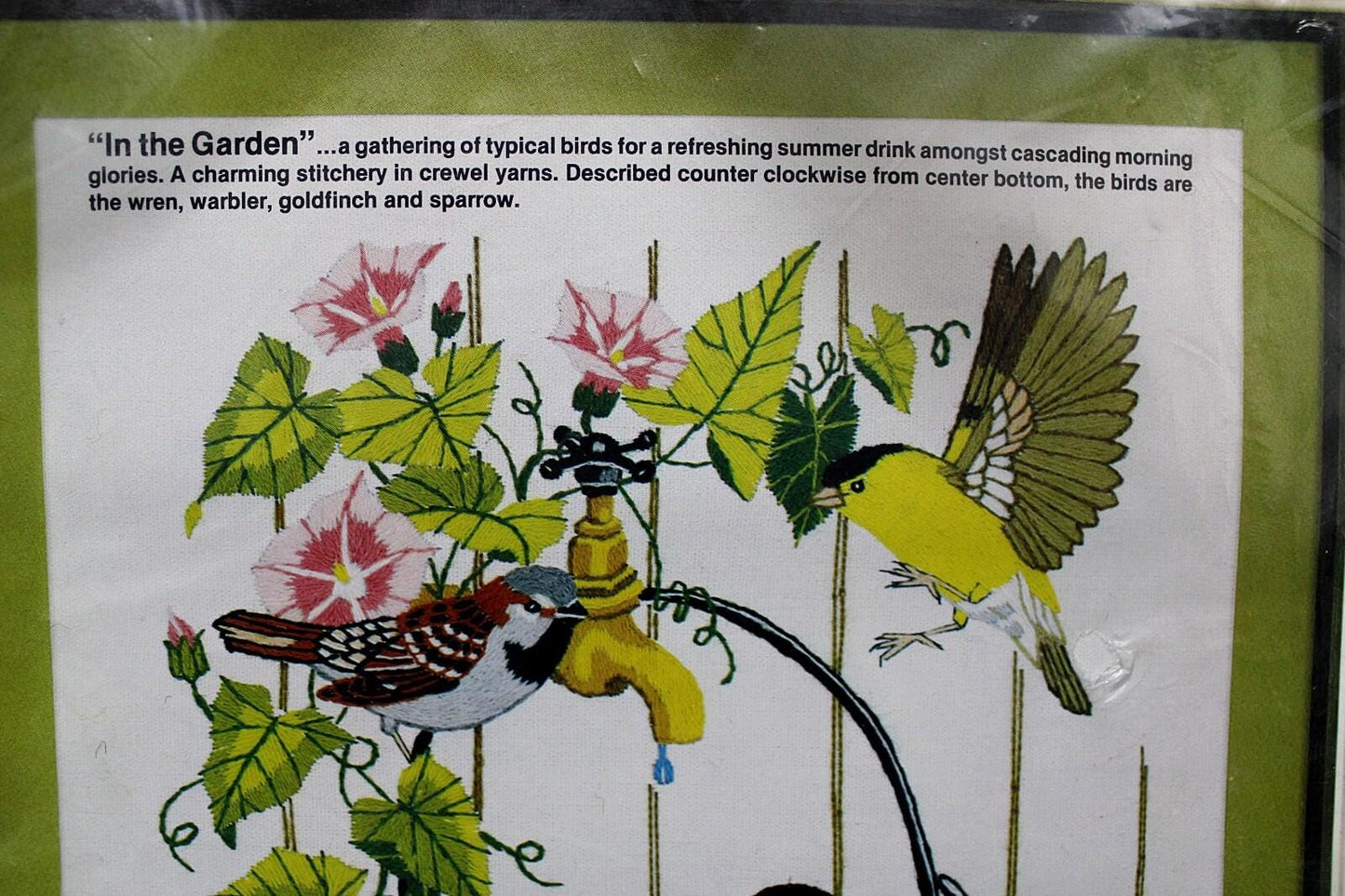 IN THE GARDEN Vintage Crewel Embroidery Kit Song Birds Floral Paragon Stitchery 0946