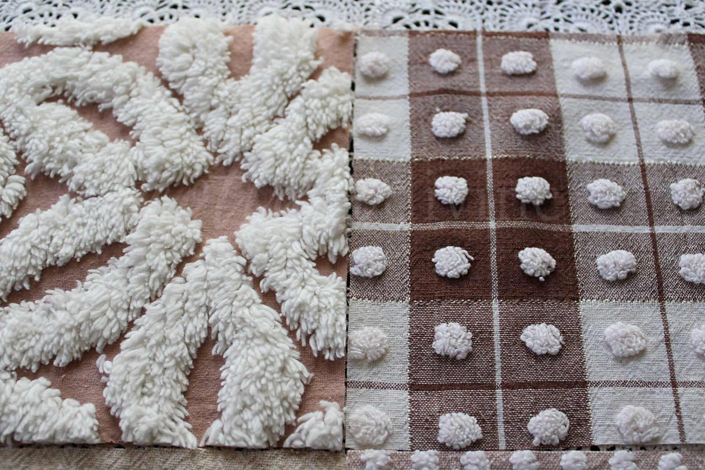 Cozy Mocha Chenille Quilt Squares Set, from Vintage Bedspread Fabric, 16 Blocks, 6" x 6" inches each, Pops & Daisies