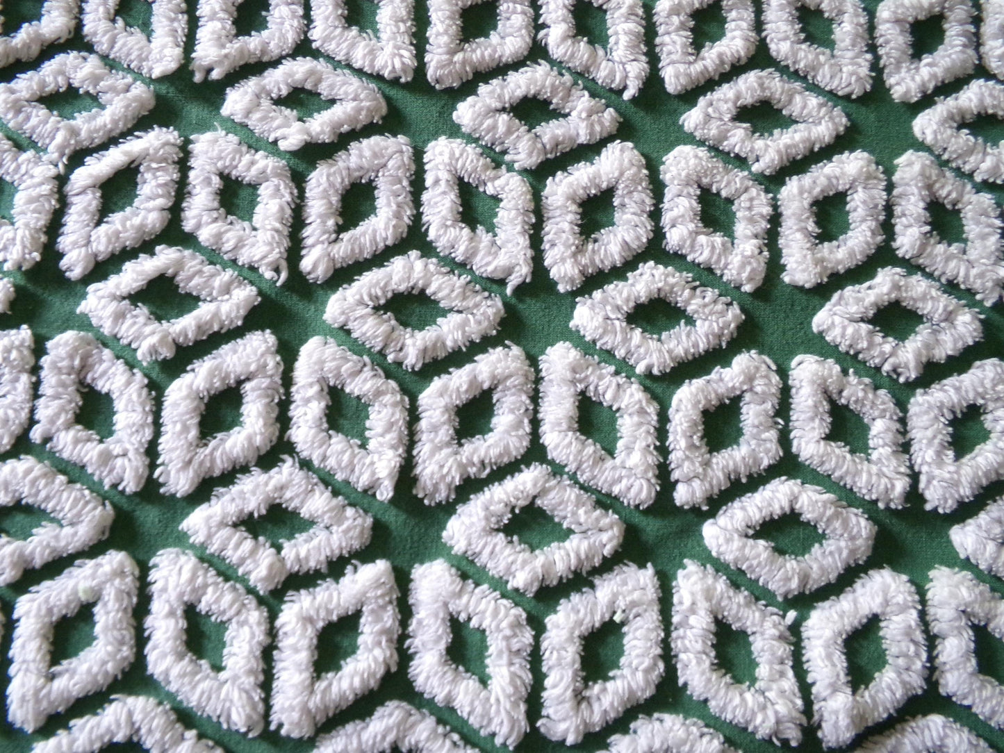 white snowflakes on rich green vintage chenille fabric, 18" x 25" inch piece of cotton sewing material for quilting & crafts