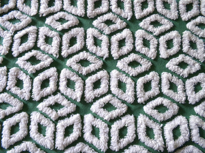white snowflakes on rich green vintage chenille fabric, 18" x 25" inch piece of cotton sewing material for quilting & crafts