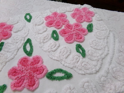 Pink White Floral Vintage Chenille Bedspread Fabric Sewing & Quilt Material 20" x 26"