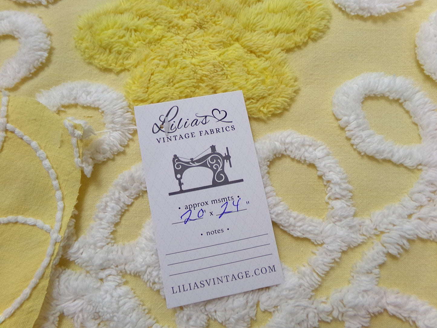 Sunny Yellow Daisy Vintage Chenille Fabric, White Swirl Sewing Quilt Material, 20" x 24"