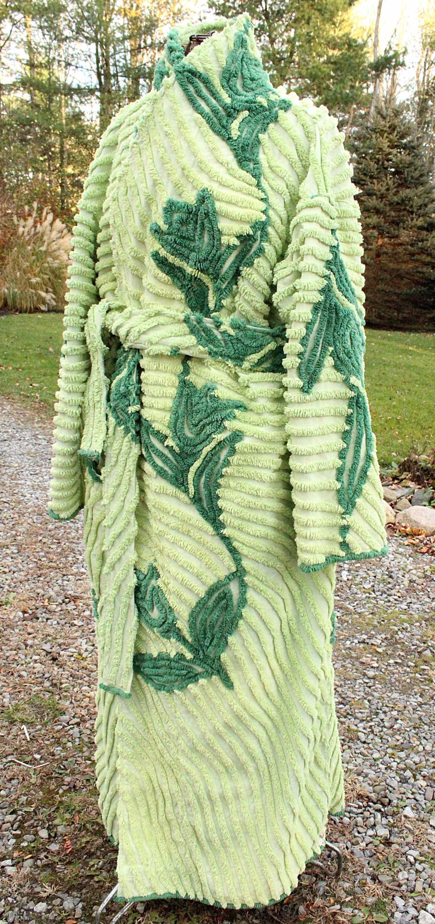 plant lady beautiful chenille robe, shabby upcycled women's bathrobe from tulip floral vintage chenille bedspread fabrics, in size L/XL
