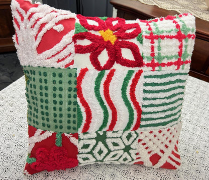 Vintage Christmas Chenille Pillow Cover, 16" Square Reversible Holiday Patchwork Design