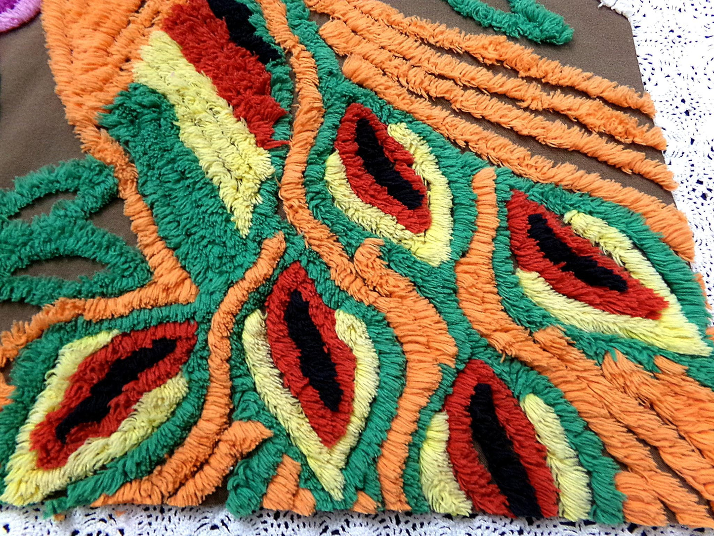 peacock vintage chenille bedspread fabric boho bird brown orange 14x21" small piece