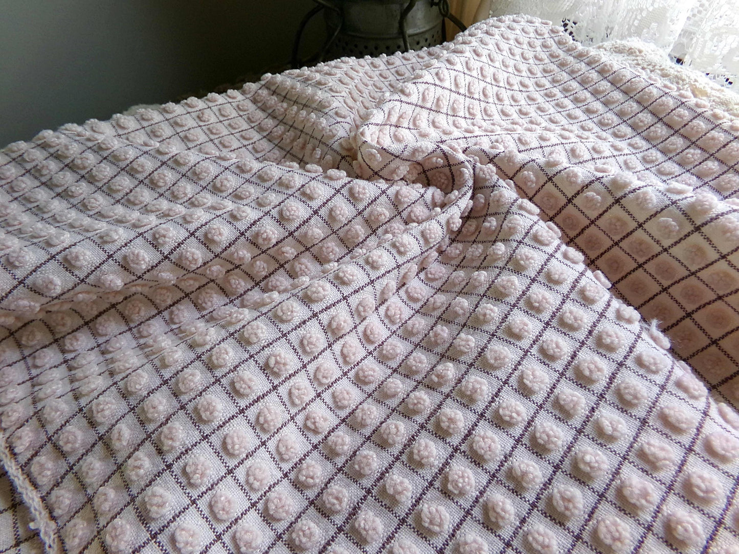 Micro Mocha Pops Vintage Chenille Fabric, Neutral Chocolate Grids, 24" x 20" Piece, Cute material for quilts, pillows, bags, doll clothes