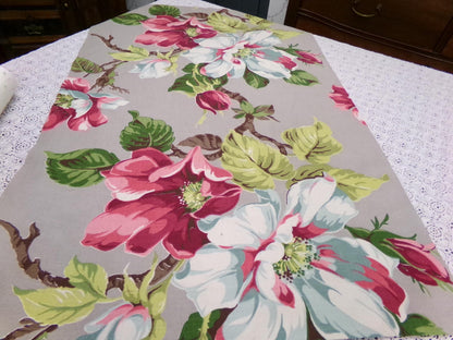 Vintage Barkcloth Fabric 1940s Pink Aqua Magnolia Floral Gray Mid-Century, 21" x 33"