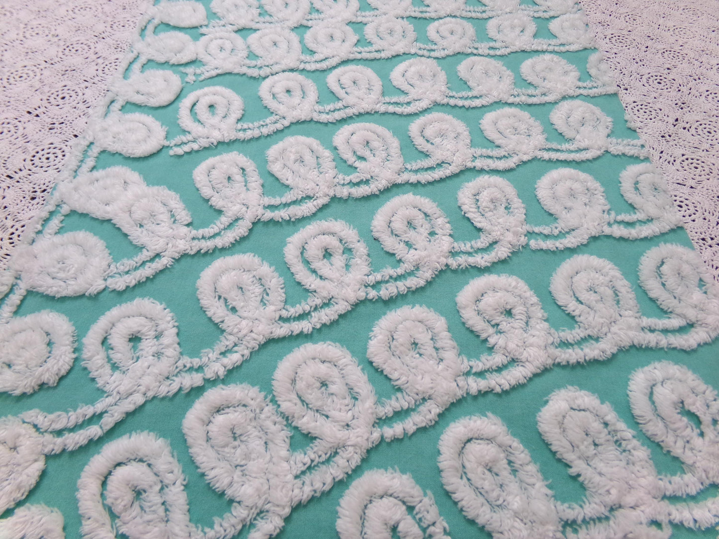 Soothing White Curly Loops Jade Vintage Chenille Bedspread Fabric 15" x 19" Piece