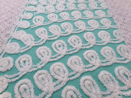 Soothing White Curly Loops Jade Vintage Chenille Bedspread Fabric 15" x 19" Piece