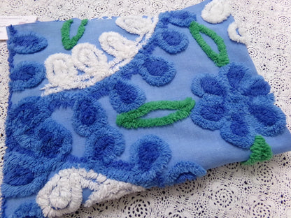 Colorful Blue Vtg Chenille Bedspread Fabric 19x24" Pc Floral Sewing Material