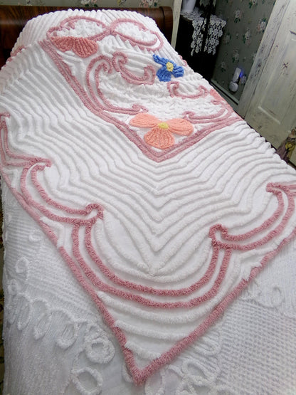Vintage Chenille Bedspread Full Size Plush Luxurious Tufting, Shabby Chic Style Cotton Bedding