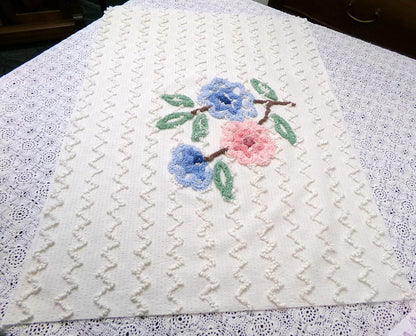 Vintage Chenille Fabric, Tufted Floral Bouquet on Cotton Seersucker, 19x26"