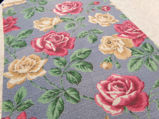 Vintage Rose Barkcloth Fabric, Pink Gold Blooms Blue Background 16" x 27"