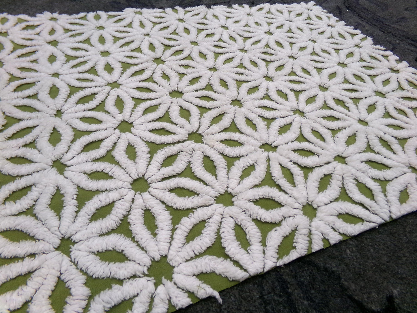 Vintage Green Chenille Fabric Boho Daisy Floral Craft Quilting Sewing Material, 18" x 24"