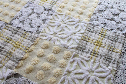 vintage chenille quilt squares, sunshine through clouds, set of 16 grey, white & yellow 6" geometric quilt blocks
