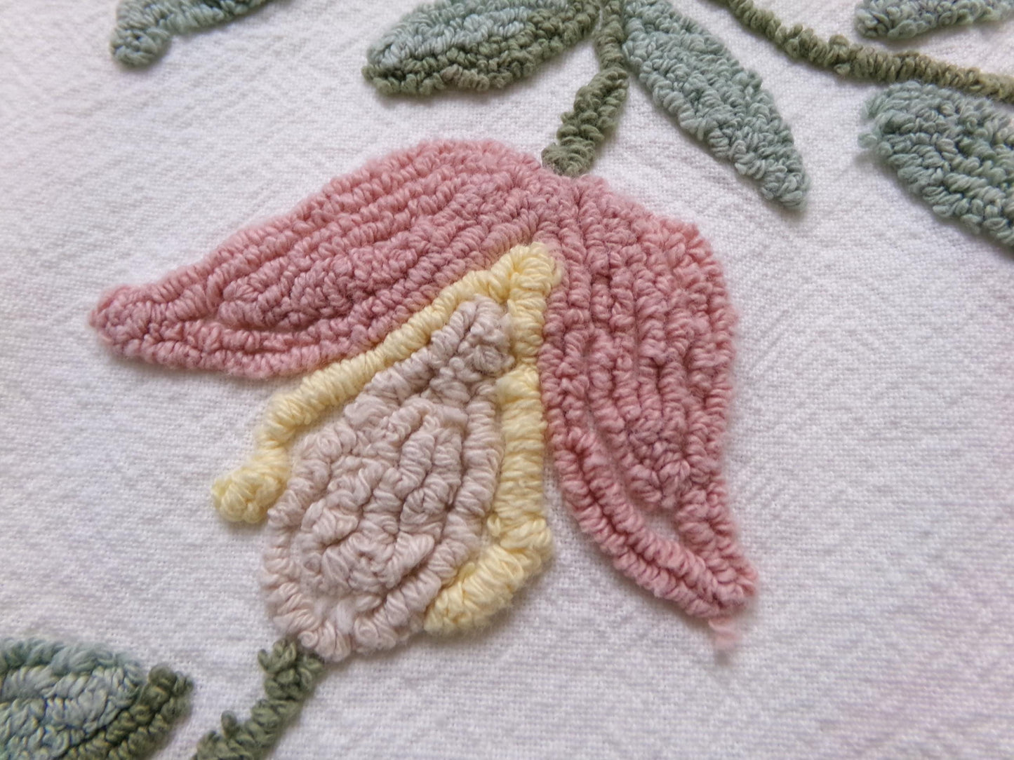 Boho Wildflowers Vintage Chenille Fabric, Natural Vining Rose Florals, 20" x 22" piece
