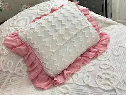 Cottage Ruffled Vintage Chenille Pillow Cover Reversible Floral Rectangle Shape