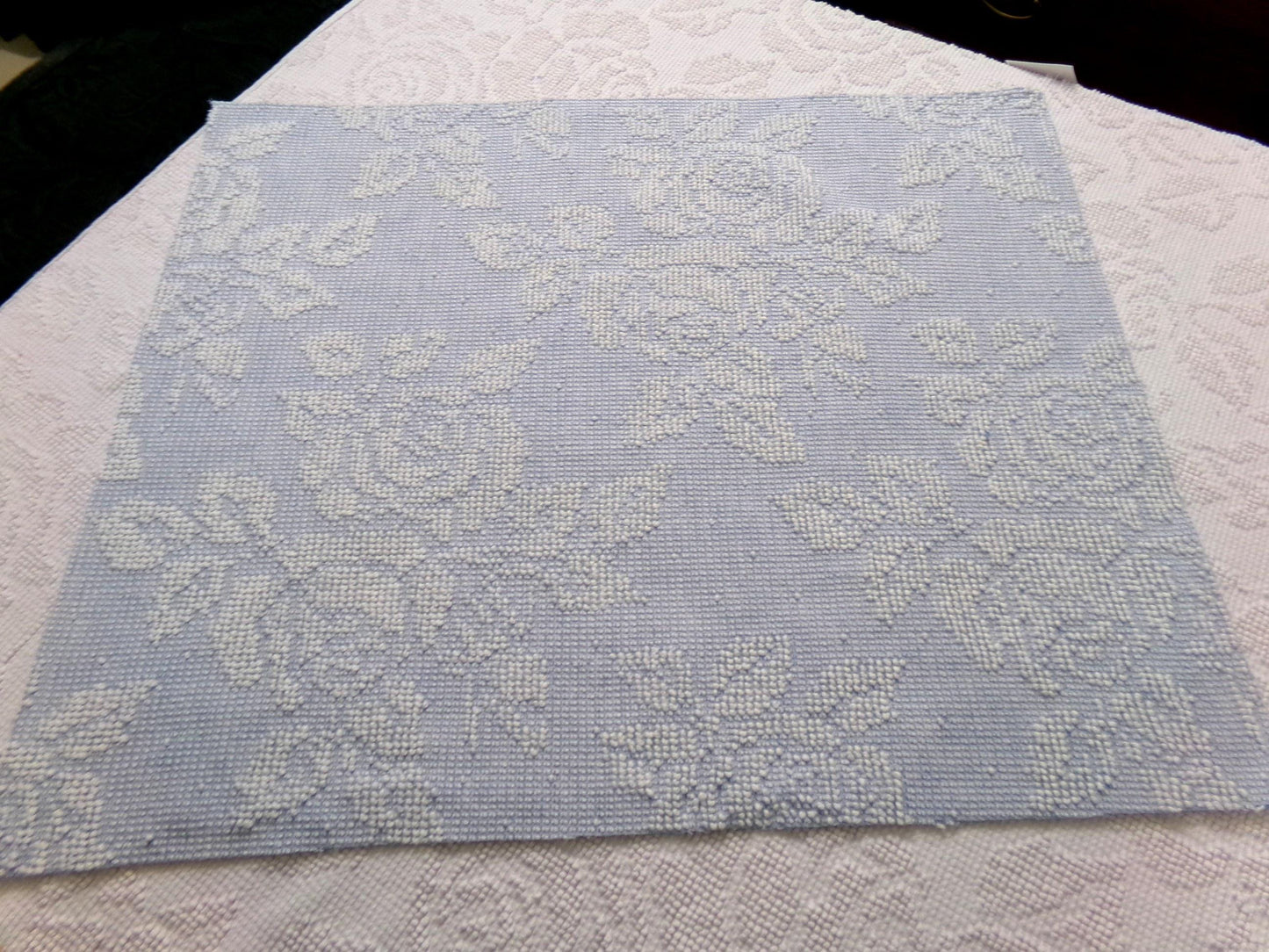 vintage hobnail rose fabric, blue & white woven chenille floral dot design, 19" x 24" piece