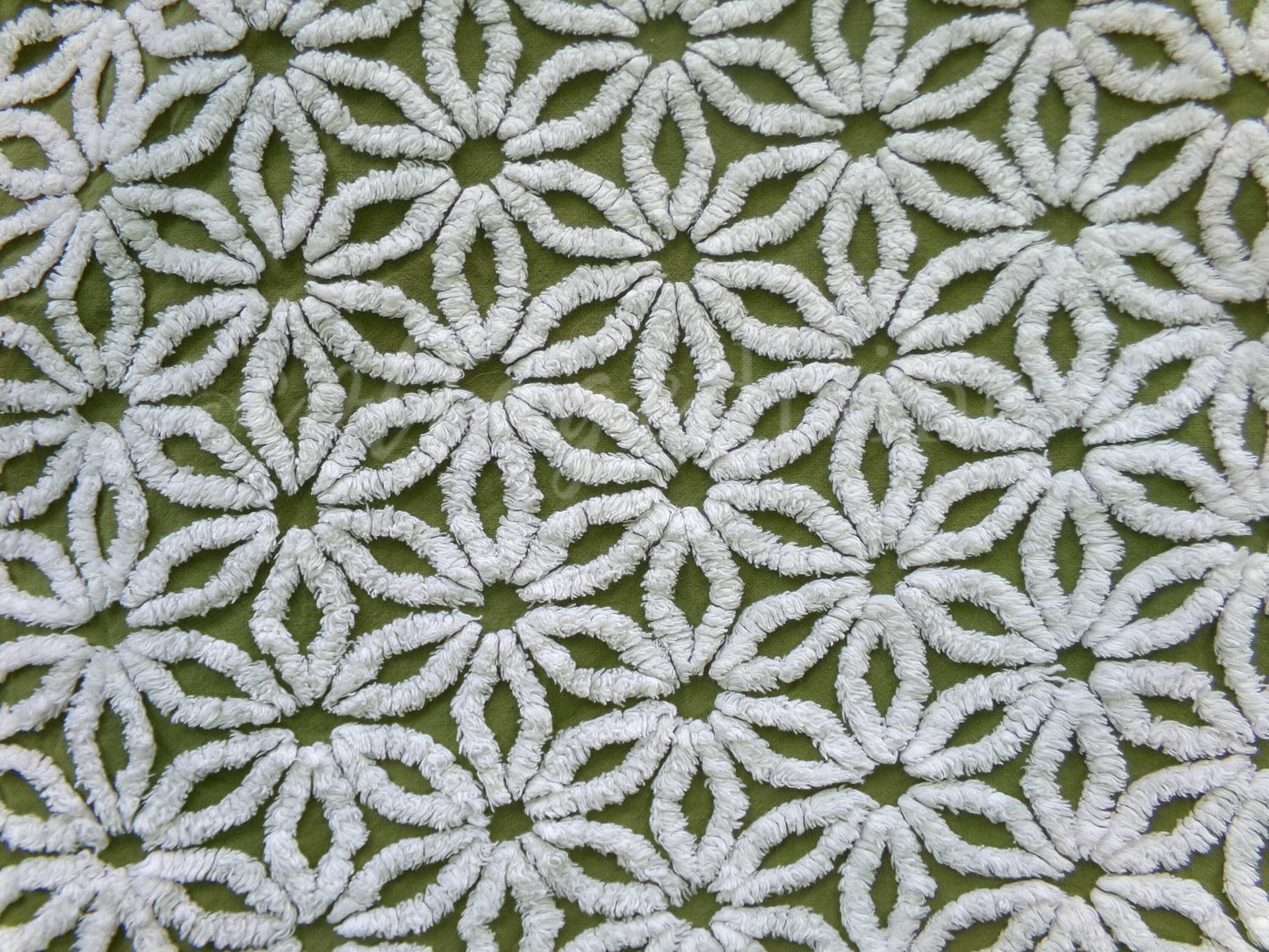 Vintage Green Chenille Fabric Boho Daisy Floral Craft Quilting Sewing Material, 18" x 24"