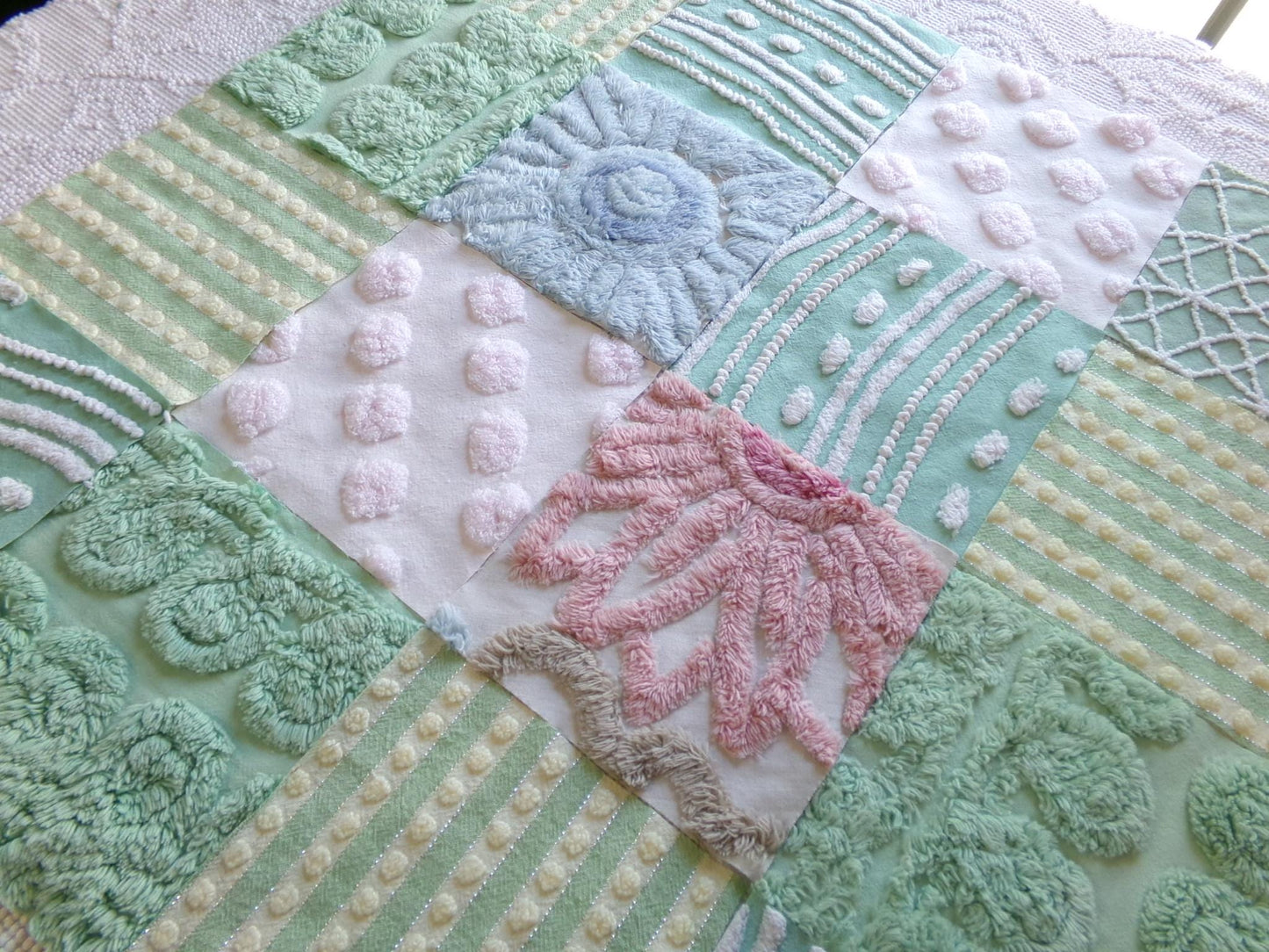 vintage 6" chenille fabric squares, garden path greens, set of 16 lovely craft blocks rotary cut from vintage chenille bedspreads