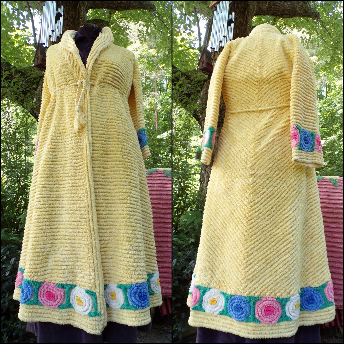 Vintage Ladies Robe, Plush Lollipop Roses on Cheerful Yellow, Retro Chenille Bedspread Bathrobe, Very Small