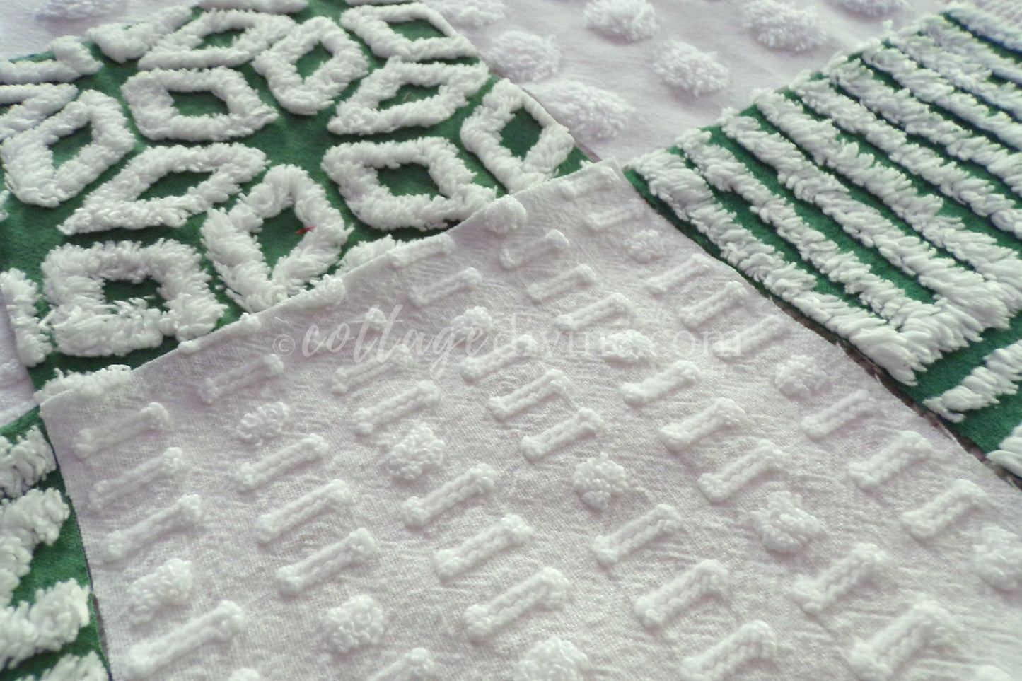 First Snowfall Quilt Squares Set, from Vintage Chenille Bedspread Fabric, 16 Blocks, 6" x 6" inch, Evergreen & White
